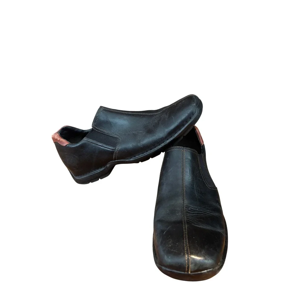 Cole Haan Mens Black Leather Slip On Loafers Bicycle Toe Brown Heel Accent
